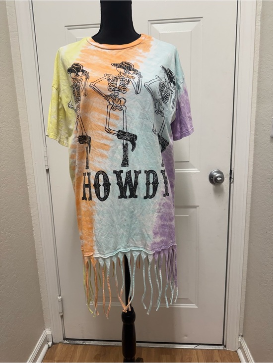 goodie two sleeves Dresses & Skirts - Tie-Dye Fringe T-shirt Dress with Howdy Skeleton Graphic - Pastel Multi